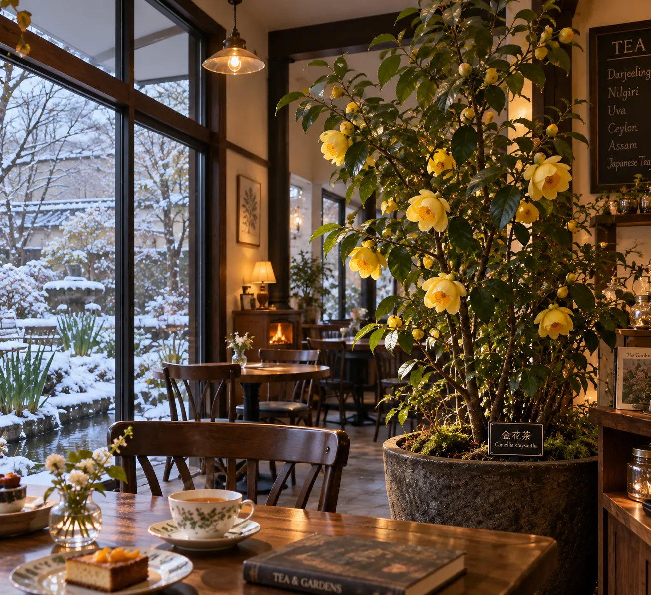 雪景色を望む紅茶店に、黄色い花を咲かせた大きな金花茶を置いた構想図
